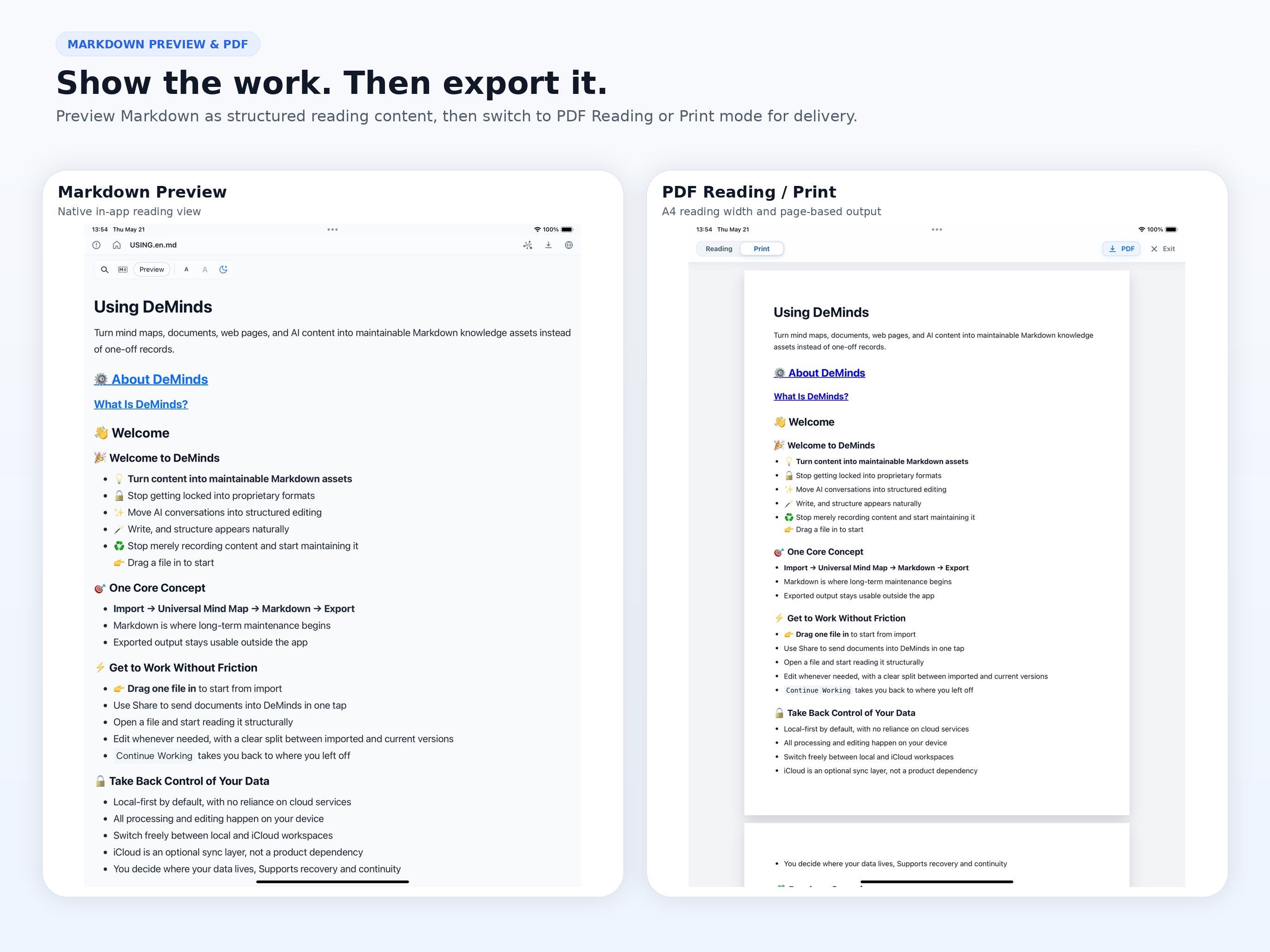 展示 Markdown 预览与 PDF 导出的 DeMinds 形象图。